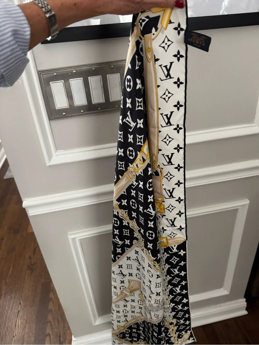 Authentic LV Black & White Monogram Silk Scarf with Gold Chain Motif